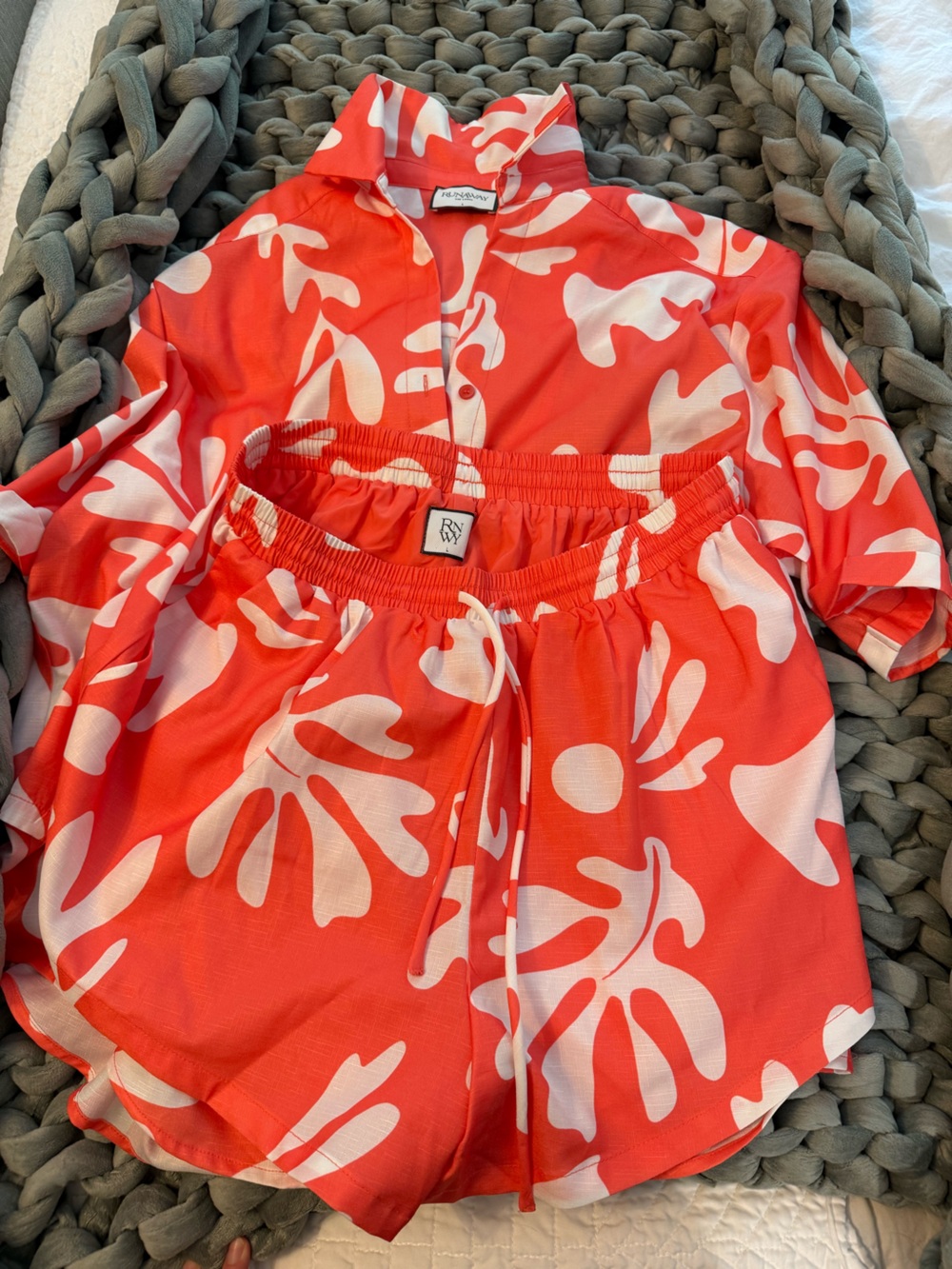 Women’s Coral and White Floral Button-Down Shirt & Shorts Set